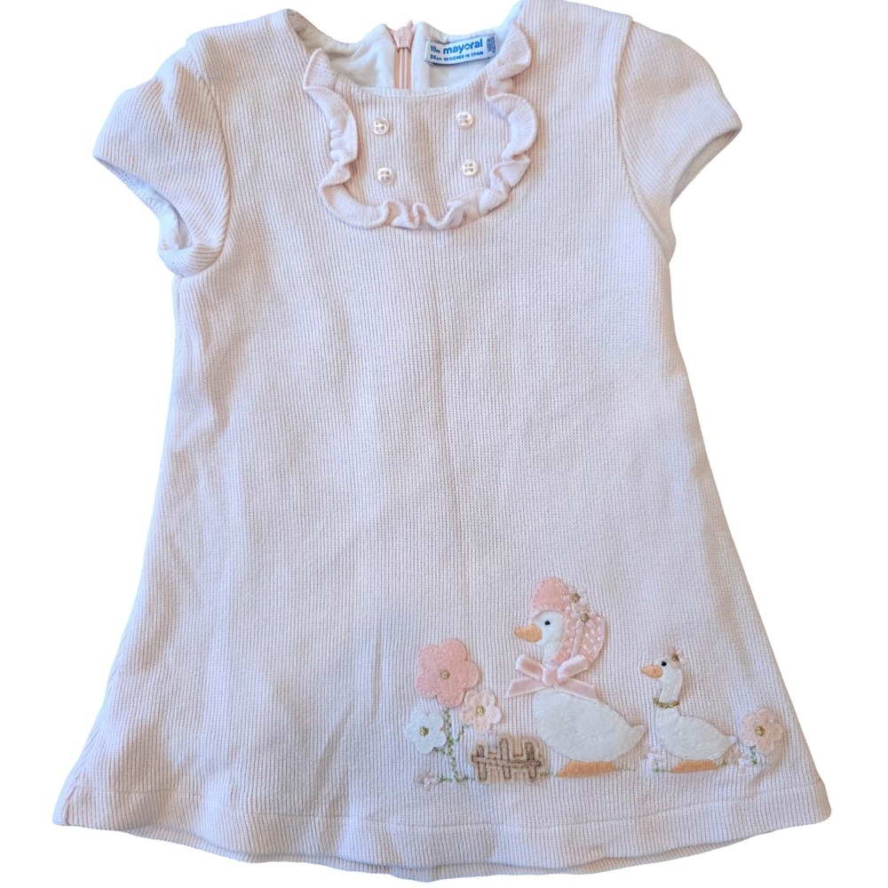 Mayoral Kids Pink Ribbed Knit Duckling Applique Ruffle Collar Dress 18M 86cm